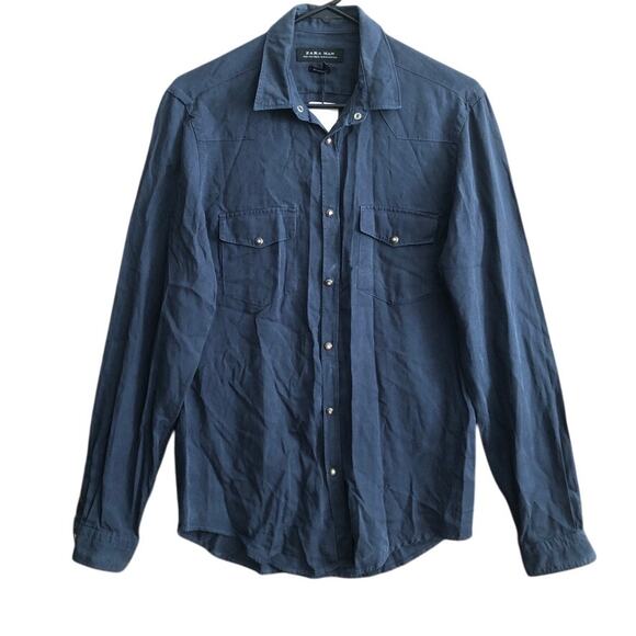 Zara Men Shirt Blue Relaxed Fit Button Down 100% Lyocell Long Sleeve Small - Picture 1 of 13